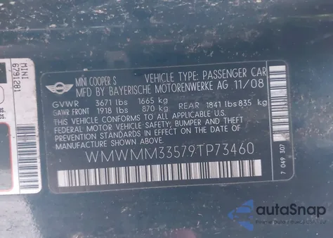 2009 Mini Cooper S Clubman from USA, damaged, VIN WMWMM33579TP73460